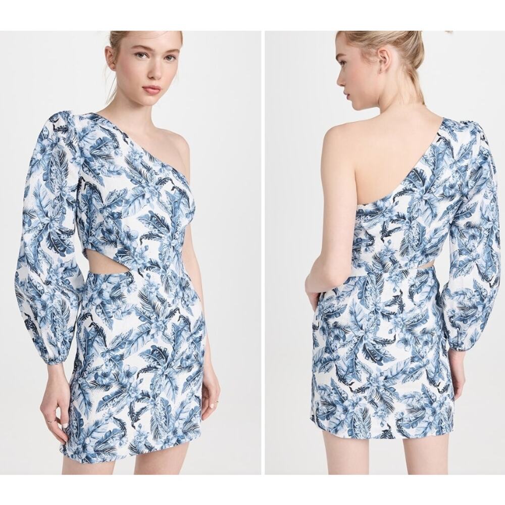 Cami NYC Pandora one shoulder puff sleeve cut out linen mini Dress blue multi 8
